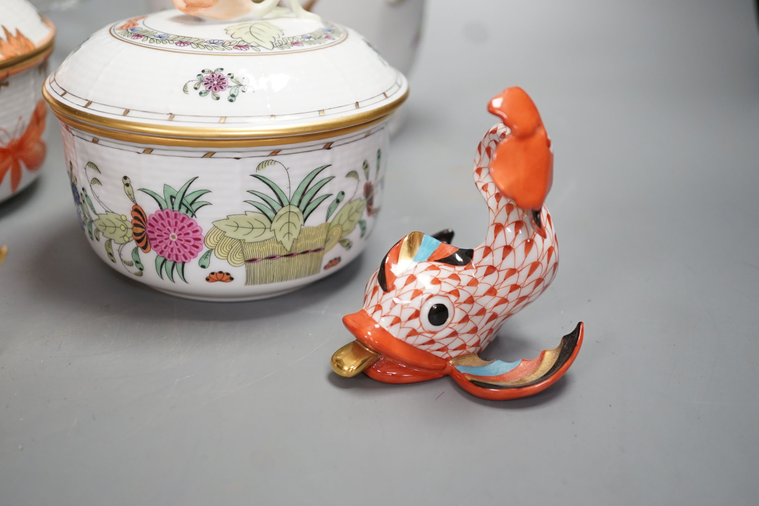 A pair of Herend pots with covers, Herend animal figures, Herend two handled pot, and one Baccarat dish
